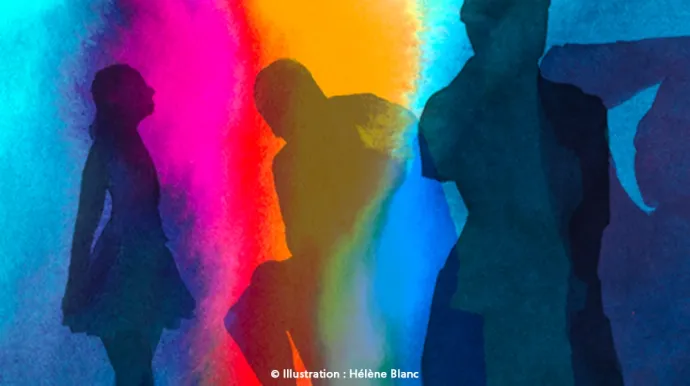 visuel de la nuit des musées 2026 - silhouettes de personnes sur fond de couleur bleue, rose, jaune et bleue