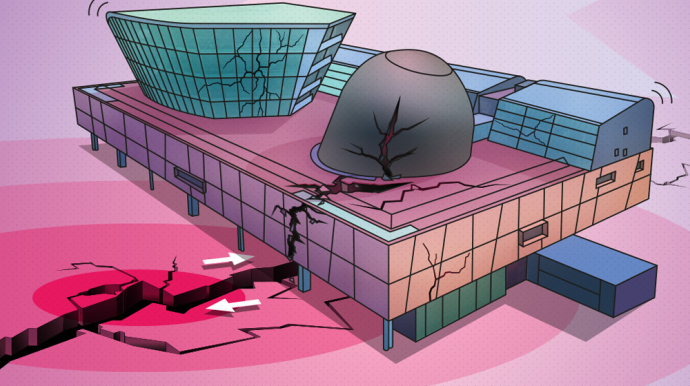 illustration du batiment des Champs Libres avec fissure dans le sol en dessous
