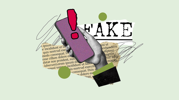 Illustration d'une main tenant un smartphone. Il est écrit à côté, en majuscule, le mot "FAKE"